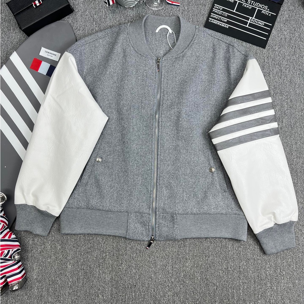 Thom Browne Gray Wool Bomber Jacket With White Leather Sleeves